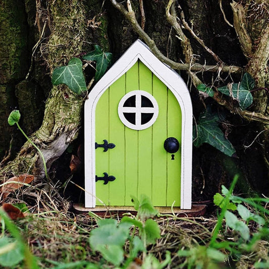 Miniature fairy door tree decoration, green window door with white frame