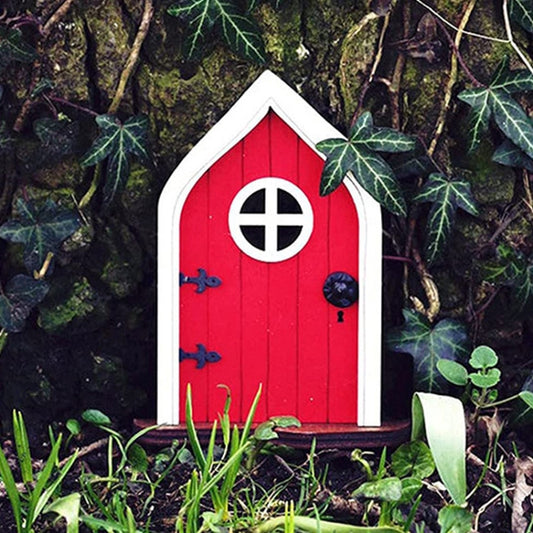 Miniature fairy door tree decoration, red window door with white frame
