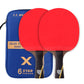 Table tennis racket pair with red rubber faces and dark wood handles