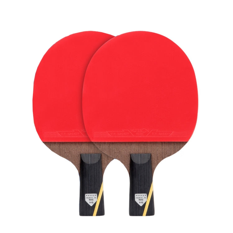 Table tennis racket with two red rubber surfaces and dark wood handle