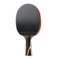Table tennis racket with black rubber face, thin red trim, and dark wood handle