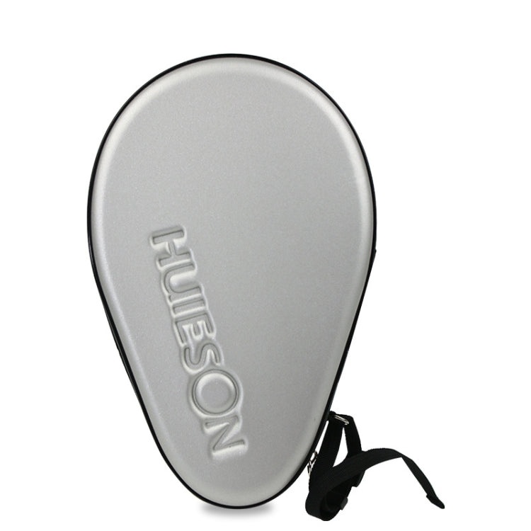 Silver hard-shell table tennis racket bag with zipper and adjustable strap, closed.