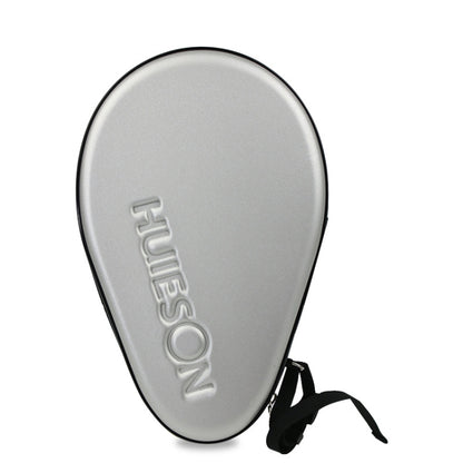 Silver hard-shell table tennis racket bag with zipper and adjustable strap, closed.