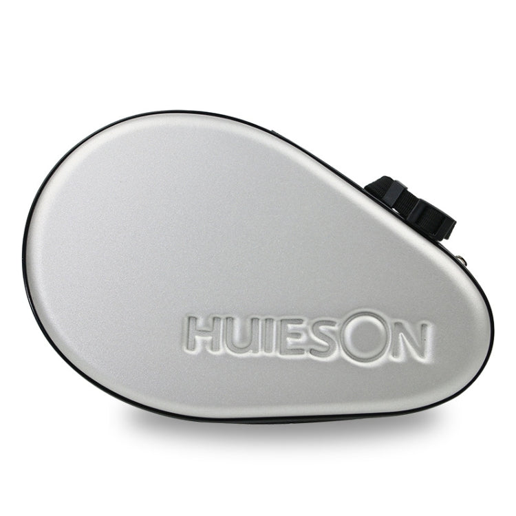 Silver hard-shell table tennis racket bag with HUIESON logo, angled, zipper strap.