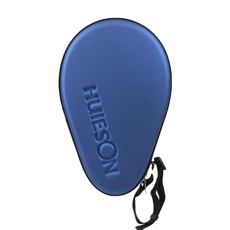 Blue hard-shell table tennis racket bag with HUIESON logo and carry strap, closed.