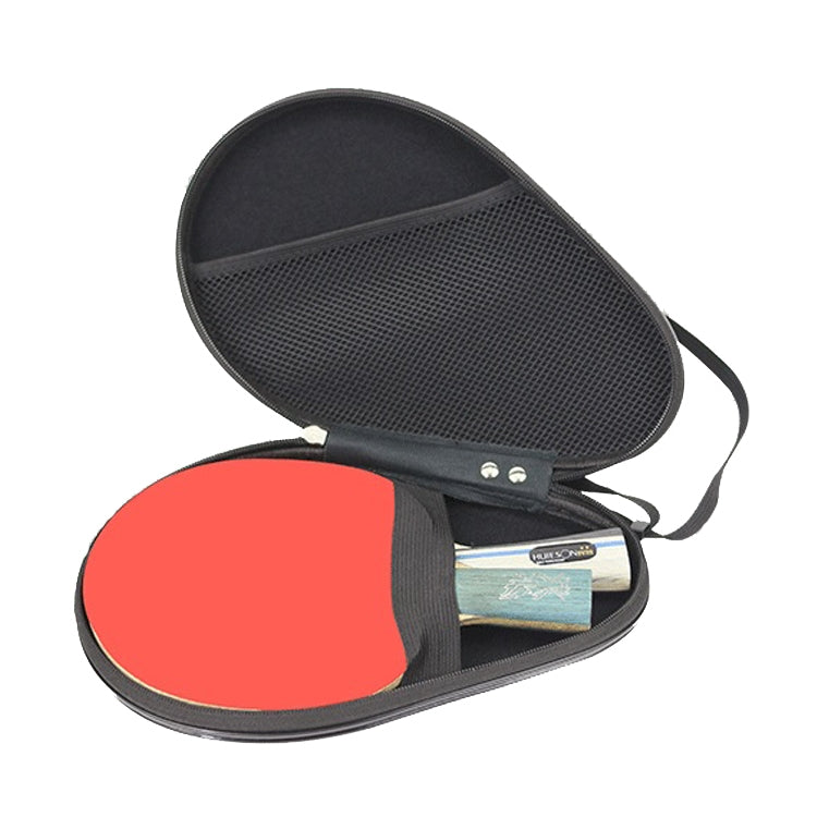 Black hard-shell table tennis racket bag open with red paddle inside, zipper visible.