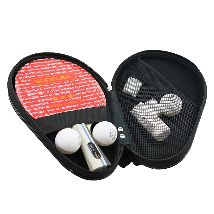 Black hard-shell table tennis racket bag open with two paddles and three balls.