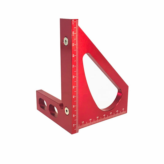 Red 90-degree square scribing ruler with engraved scale and oval cutout