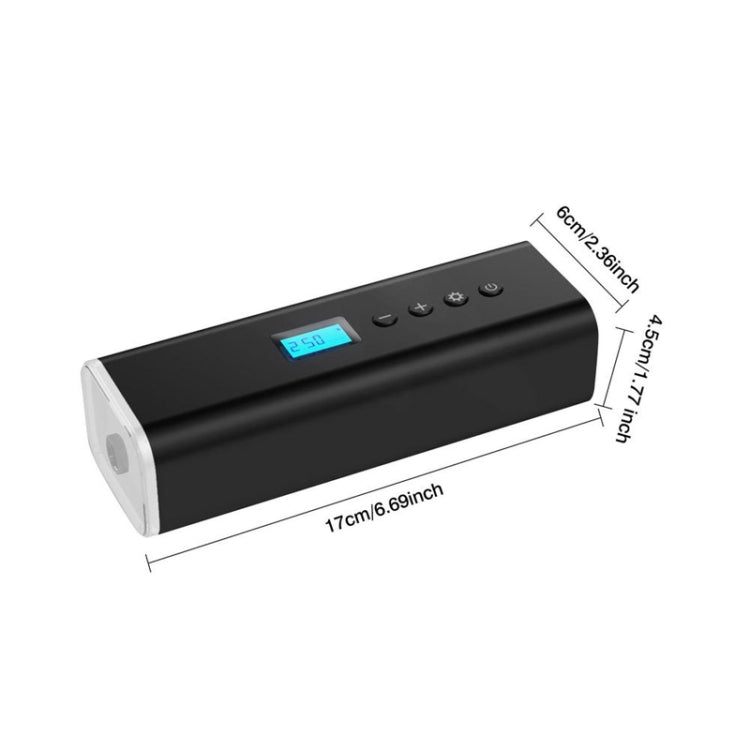 Black mini tire inflator pump with blue display and side air outlet
