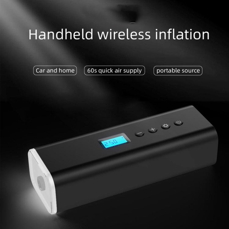 Handheld wireless tire inflator pump in black with blue LCD screen and buttons