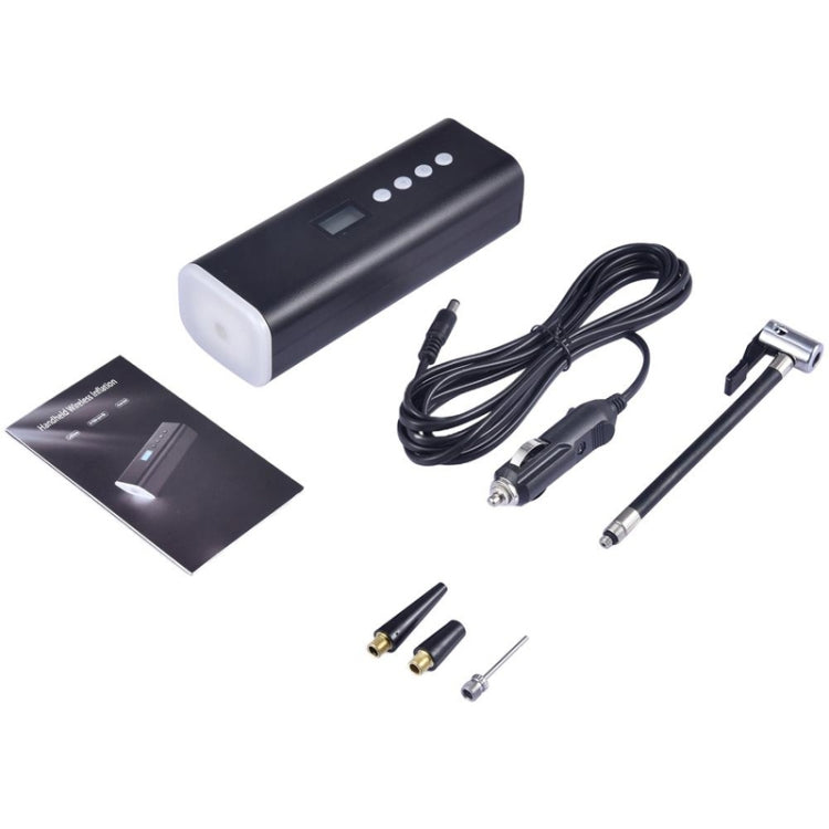 Wireless mini tire inflator pump kit with cables, nozzles, and instruction booklet