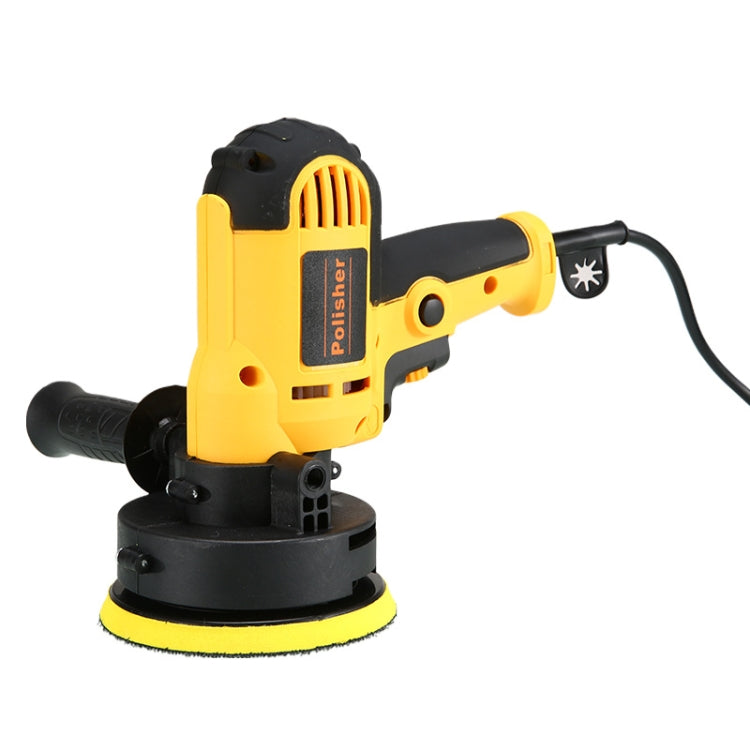 Electric car polisher with yellow-and-black housing and side handle, circular sanding pad