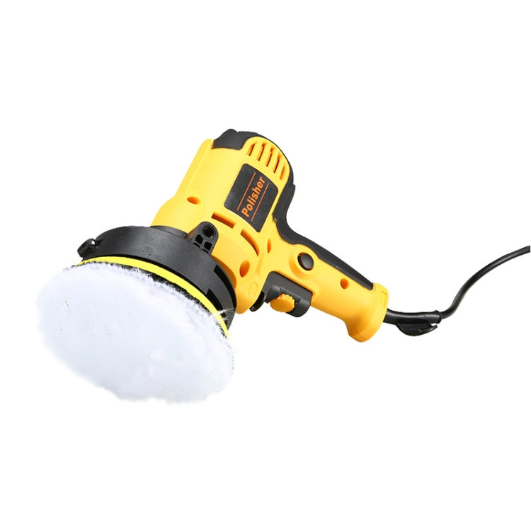 Electric car polisher with yellow-and-black body, white foam pad, power cord
