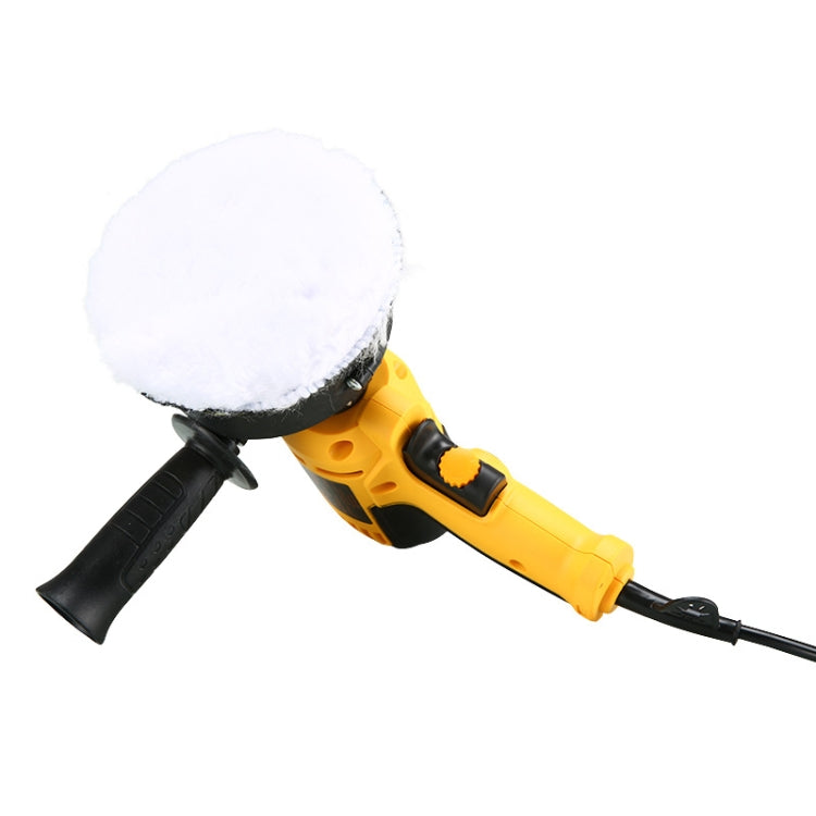 Electric car polisher with yellow handle, white foam polishing pad and side grip