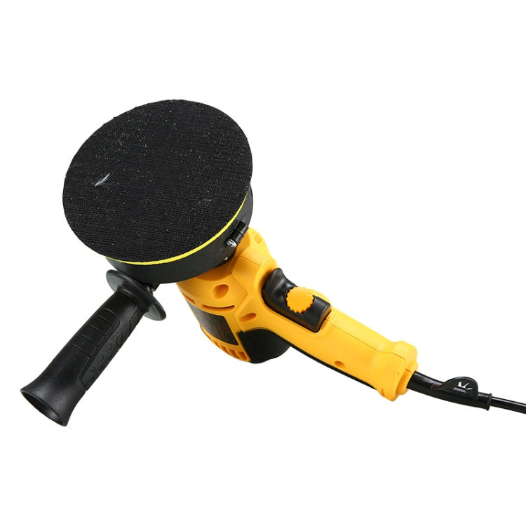Electric car polisher with yellow body, black abrasive pad, side handle and cord