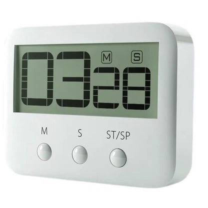 White LCD countdown kitchen timer with large digits and three button controls