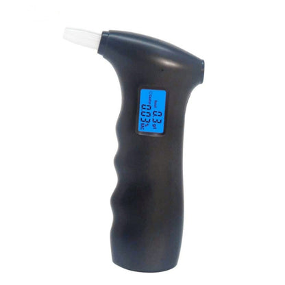 Black handheld alcohol tester with white mouthpiece and blue digital display screen