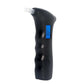 Black portable alcohol tester, side view, with blue digital display and white mouthpiece