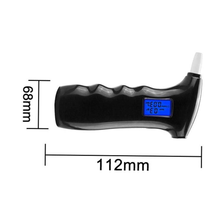 Black alcohol tester with blue display and white mouthpiece; size-marked