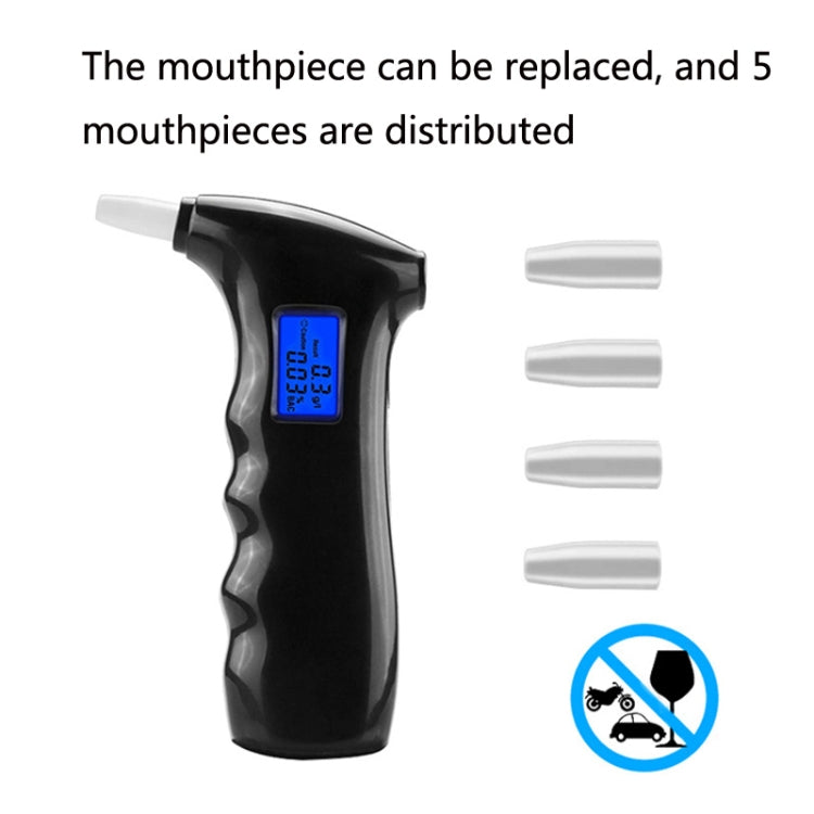 Black alcohol tester with white replaceable mouthpieces and blue digital display