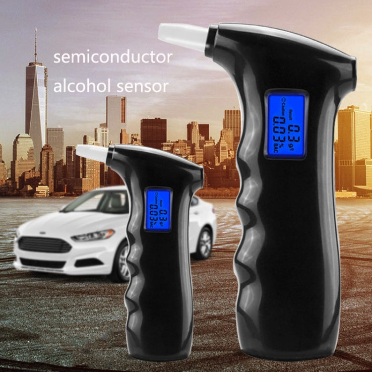 Two black portable alcohol testers with blue displays and white mouthpieces