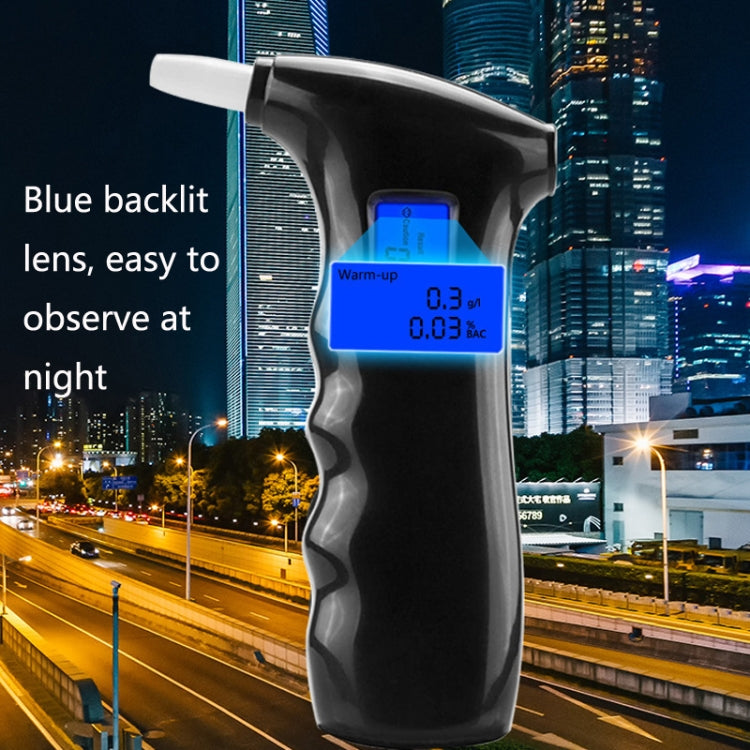 Black alcohol tester with blue backlit display and white mouthpiece