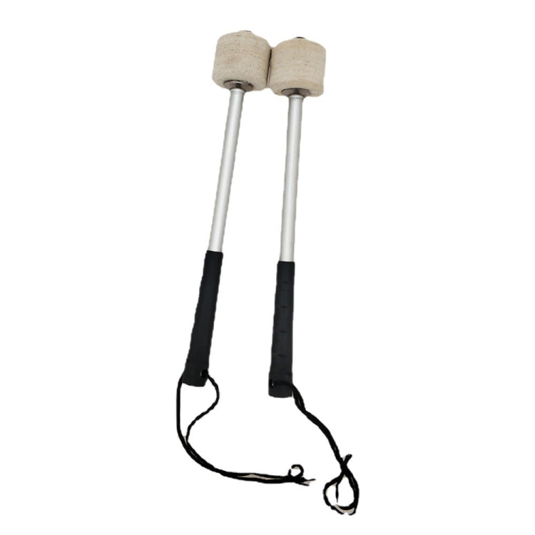 Drum hammer pair with wool felt heads and black non-slip grips, hanging cords