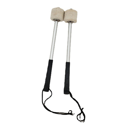 Drum hammer pair with wool felt heads and black non-slip grips, hanging cords