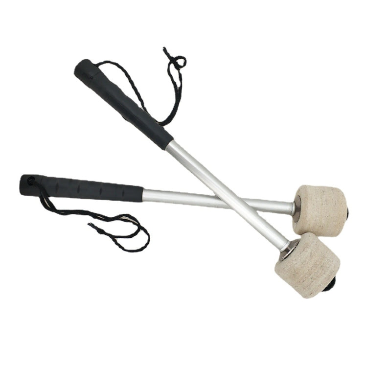 Kick drum practice drum hammers with felt mallets, black grips, and wrist lanyards
