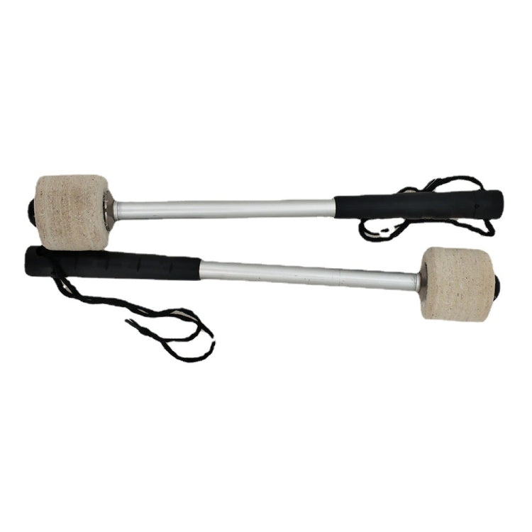 Pair of drum hammers with wood handles, felt mallet heads, and black carrying straps