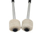 Close-up of two wool felt mallet heads on drum hammers with gray metal shafts
