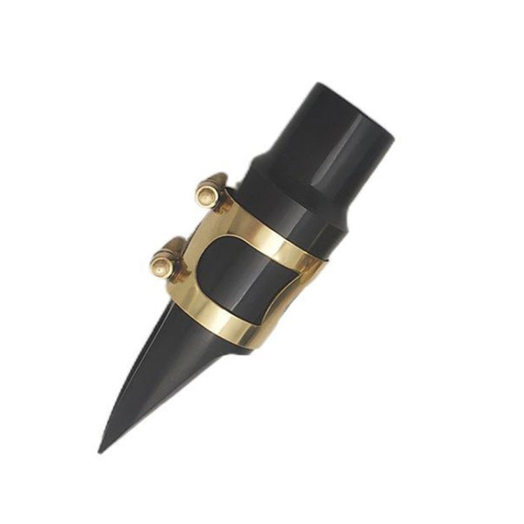 Saxophone mouthpiece with black body, gold band, and hat clip; angled view