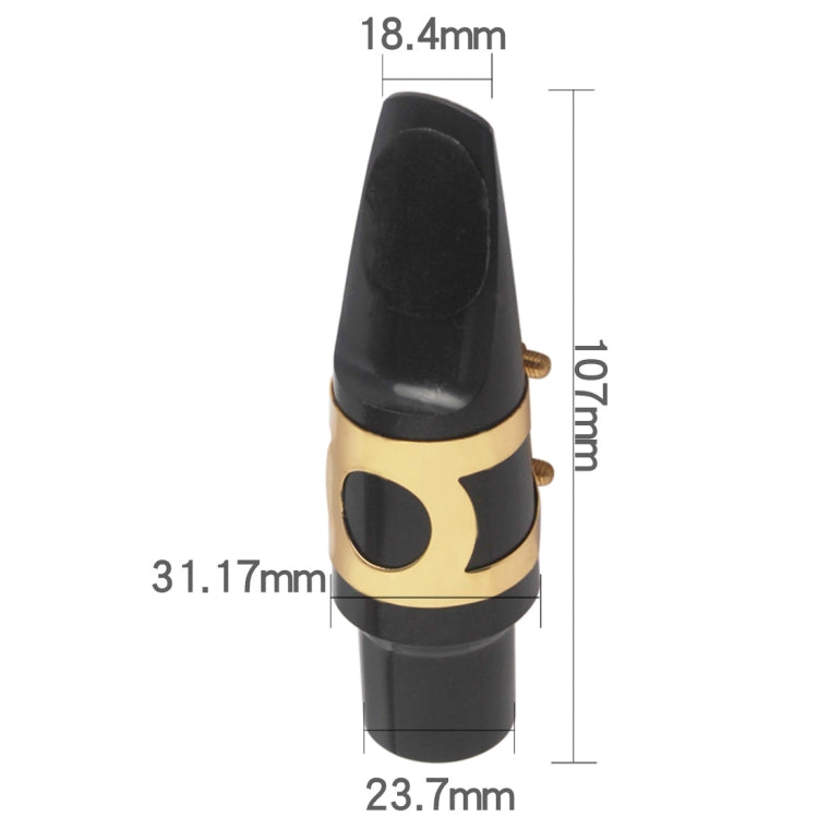 Black saxophone mouthpiece with gold ring and hat clip; labeled size diagram