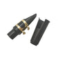 Two saxophone mouthpieces: black with gold band and hat clip; separate views