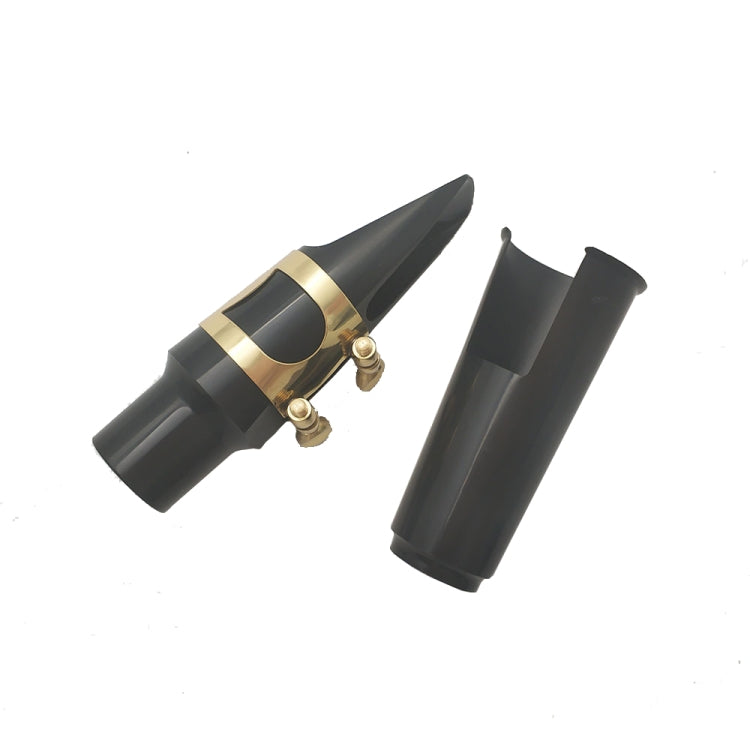 Two saxophone mouthpieces: black with gold band and hat clip; separate views