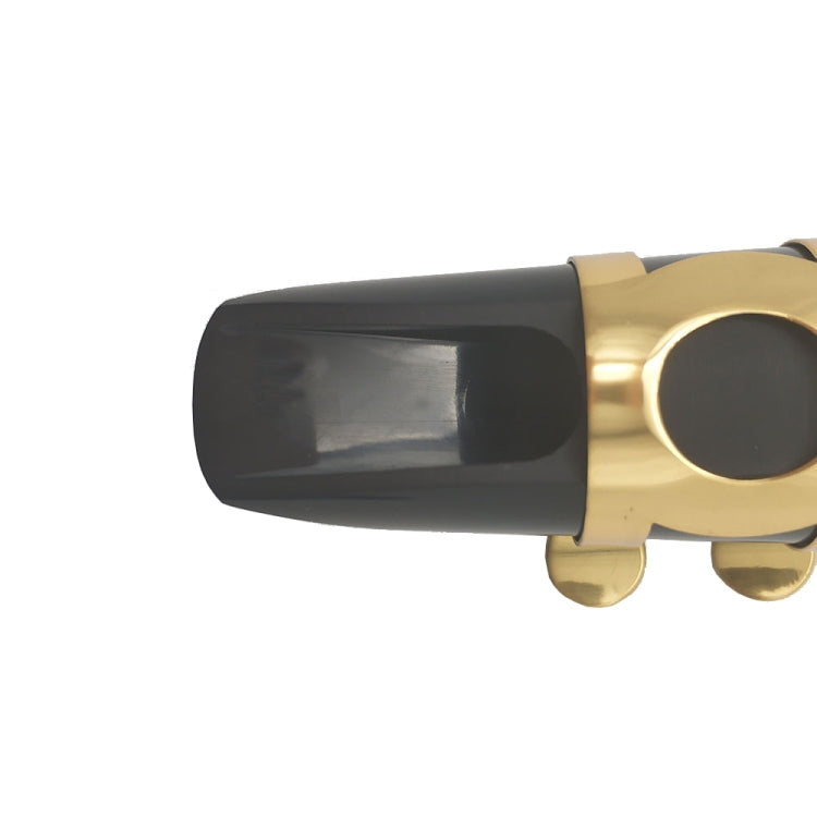 Close-up of black saxophone mouthpiece tip with gold-tone ring and clip posts