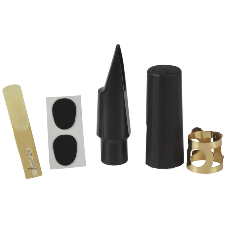 Saxophone mouthpiece accessory kit: reed, black mouthpieces, and gold-tone clip