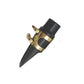 Saxophone mouthpiece with black body, gold band, and hat clip; angled front view