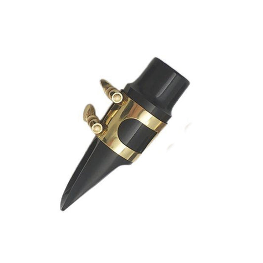 Saxophone mouthpiece with black body, gold band, and hat clip; angled front view