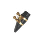 Black saxophone mouthpiece with gold band and hat clip; side angle with mount