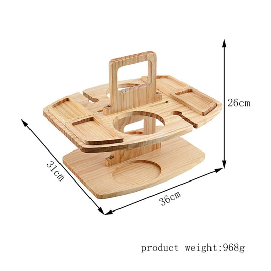 Wooden camping wine table with central round wine glass holder and built-in handle