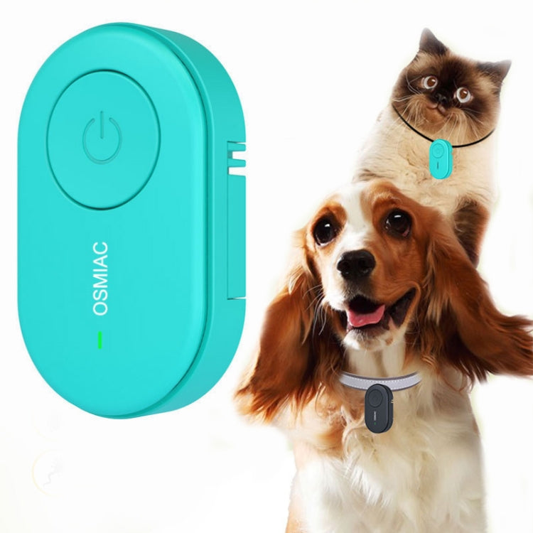 Teal portable pet insect repellent collar device with power button and back clip.