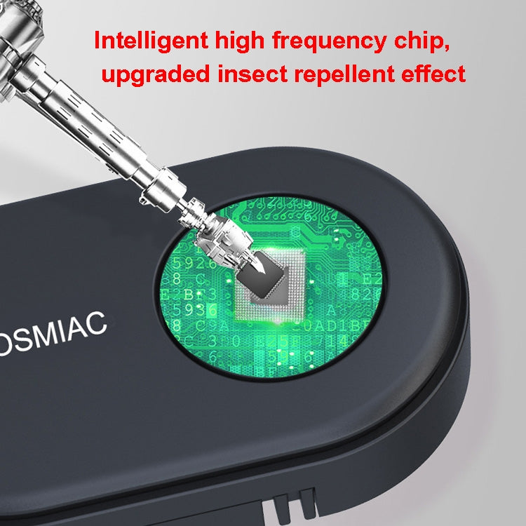 Black repellent collar device with circuit chip detail on top panel.