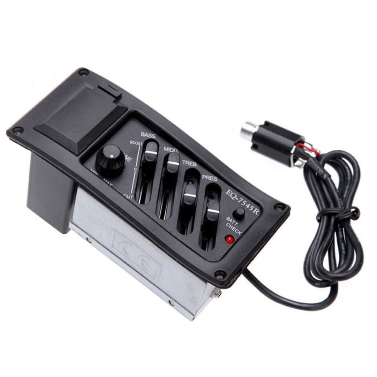 Four-band guitar equalizer preamp module with knobs and battery check indicator