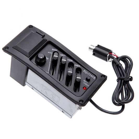 Four-band guitar equalizer preamp module with knobs and battery check indicator