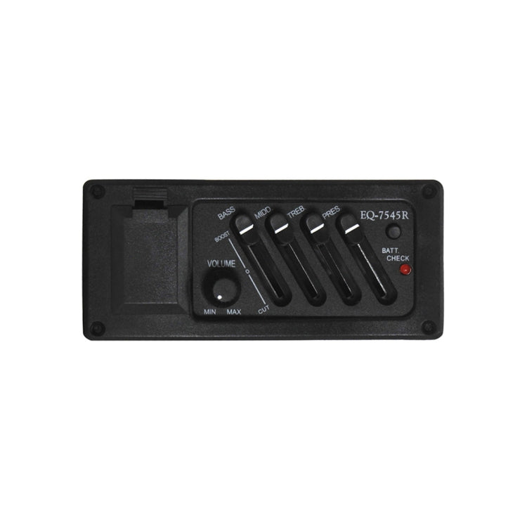 Four-band guitar equalizer faceplate with volume knob and Bass/Mid/Treb controls