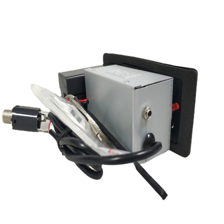 Four-band guitar equalizer module with metal housing, input plug, and bundled cables