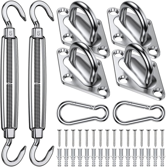Stainless steel shade sail spring hook set with mounting plates, screws, and clips