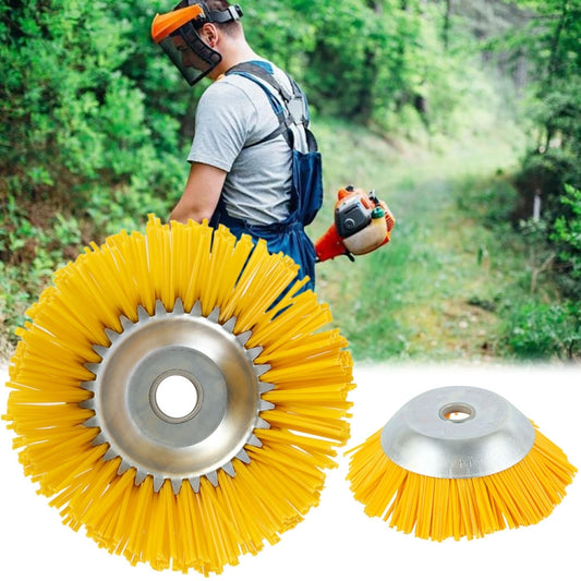 Weeding brush head with silver bowl base and bright yellow nylon bristles, center hub hole