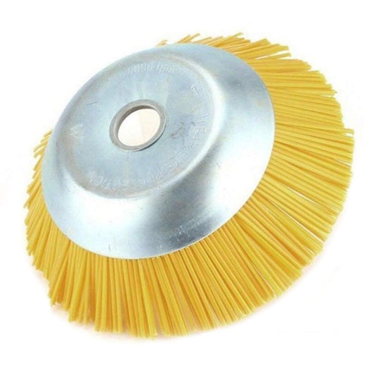 Weeding brush head close-up: silver metal bowl with center hole, yellow nylon bristles